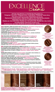 Fioletowa broszura L'Oréal Excellence Crème farba do włosów, rytuał pielęgnacji, z logo i zdjęciami efektów.