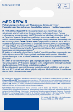 Tył opakowania NIVEA Med Repair balsamu do ust, widoczny opis produktu, składniki i logo FSC.