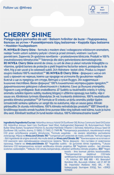 Tył kartonowego opakowania NIVEA Cherry Shine lip balm, białe z niebieskim tekstem, szczegóły.