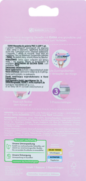 Różowy tył opakowania maszynki do golenia ISANA PEACE 3 Lady, z opisem, ilustracjami i znakami recyklingu.