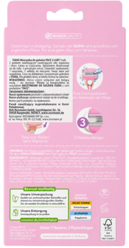 Tył różowego opakowania maszynki do golenia Isana Pace 3, widoczne informacje o produkcie, 3 ostrza i recykling.