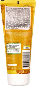 Tył żółtej tuby Isana Golden Honey Żel pod prysznic i peeling 2w1 z polskim tekstem i składem produktu.