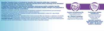 Ulotka Bepanthen Sensiderm Krem: tekst o zmniejszaniu świądu, technologii lipidów lamelarnych, brak kortyzolu, dwie ikony.