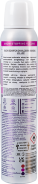 Tył białej butelki suchego szamponu Batiste Heavenly Volume. Widoczny opis produktu, składniki i symbole.