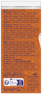 Tył opakowania Triple Dry Active, antyperspirantu 50ml, z instrukcją użycia i informacjami w 3 językach.