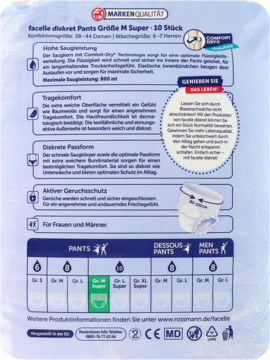 Tył opakowania facelle diskret Pants M Super, 10 sztuk, 800 ml, z opisem cech i tabelą rozmiarów.
