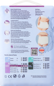 Tył opakowania facelle diskret pieluchomajtek M, biało-różowy, z niemieckim opisem, tabelą rozmiarów i chłonnością 800 ml.