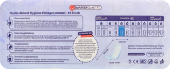 Tył opakowania wkładek Facelle diskret normal, 14 sztuk, z graficznym opisem wymiarów 275x110 mm i chłonności 110ml.