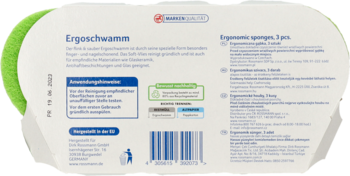 Tył białego opakowania zielonej gąbki ergonomicznej, z opisem dla powierzchni wrażliwych i kodem kreskowym.