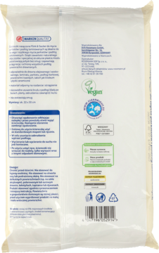 Tył opakowania chusteczek Flink & Sauber do podłóg, biała folia z zielonymi logo Vegan i Clean Wave.
