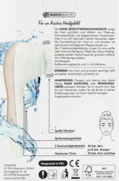 Tył białego opakowania szczoteczki oczyszczającej ISANA, z opisem i diagramem różowo-białej szczoteczki i wodnych fal.