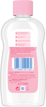 Tył przezroczystej butelki Johnson's Baby oil z różową etykietą i nakrętką, widoczny barcode i polski tekst.