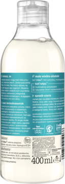 Tył butelki płynu micelarnego Tołpa, 400ml, z turkusową etykietą i przezroczystą nakrętką, opis składników.