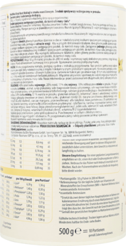 Tył opakowania niskowęglowodanowego środka zastępującego posiłek 500g, z polsko-niemieckim tekstem.