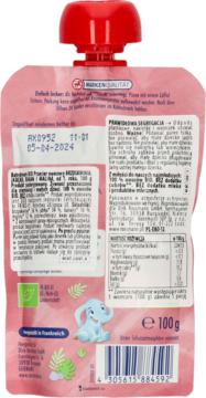 Widok z tyłu różowego poucha Babydream, puree owocowe ze zbożem, widoczne składniki i maskotka słonia.