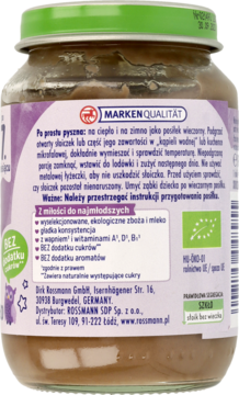 Tył słoiczka kaszki mlecznej Rossmann, fioletowa etykieta z listą składników BEZ dodatku cukrów i BIO logo.