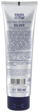 Tył srebrnej tubki odżywki Swiss O-Par Silver 150ml dla włosów siwych/rozjaśnianych, z opisem.