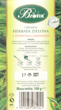 Tył zielonej herbaty BioFIX z żurawiną i granatem, instrukcje parzenia i data ważności 27.05.2021.