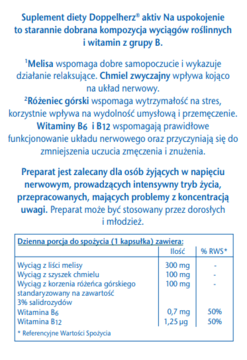 Tekst opisujący suplement Doppelherz aktiv Na uspokojenie, z listą składników i korzyściami, na białym tle.