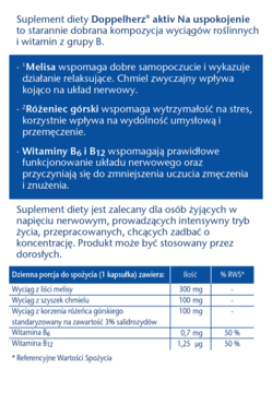 Strona z ulotki suplementu Doppelherz aktiv Na uspokojenie, opis składu (melisa, wit. B) i działania na stres.