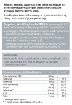 Ulotka Doppelherz Lifting Complex Premium. Opis działania, zastosowanie i tabela składników produktu.