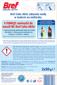 Tył opakowania zawieszki do WC Bref Color Aktiv, białe tło z opisem 4 funkcji i wagą 2x50g.