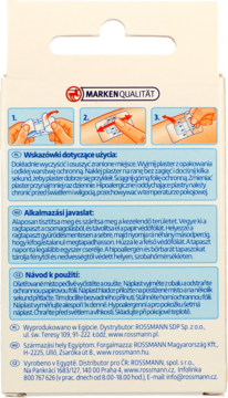 Tył opakowania plastrów Aqua, białej tekturze z niebieskimi akcentami, ilustracjami aplikacji i instrukcjami w trzech językach.