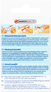 Tył opakowania plastrów Aqua z instrukcjami użycia w 3 językach, schematami aplikacji i danymi producenta.