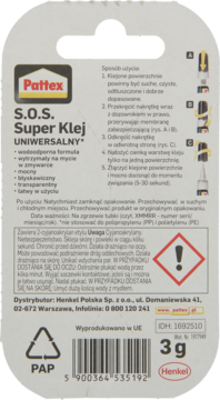 Tył opakowania super kleju Pattex S.O.S. Uniwersalny 3g, białe, z instrukcjami i logo Henkel.