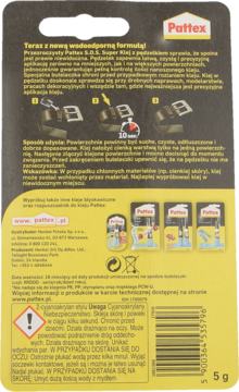 Tył opakowania kleju Pattex S.O.S. Super Klej 5g, czarne z żółtymi polami, polskie napisy i ostrzeżenia.