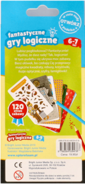 Tylne opakowanie 'Fantastyczne gry logiczne' 6-7 lat, z kartami, ołówkami i napisem '120 stron zabawy'.