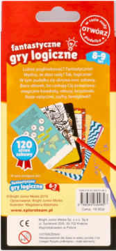 Tył pudełka Fantastycznych Gier Logicznych 8-9 lat, czerwono-żółty, z opisem puzzli i widocznymi kartami.