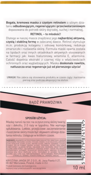 Tył różowo-czarnego opakowania maski do twarzy Krystyna Janda z retinolem 10 ml, z instrukcją użycia.