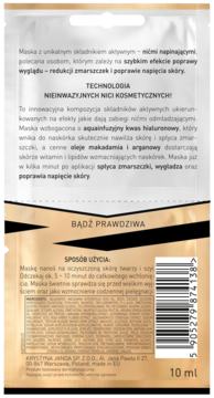 Tył złoto-czarnego opakowania maski KRYSTYNA JANDA 10ml, z opisem Technologii Nici Kosmetycznych i instrukcją użycia.