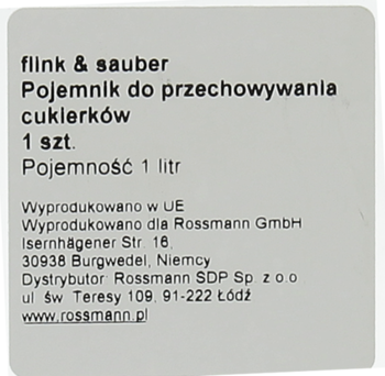 Etykieta pojemnika na cukierki Flink & Sauber 1 litr, z informacjami o producencie i dystrybutorze.