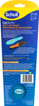 Niebieski tył opakowania Scholl GelActiv wkładek do butów do pracy, z kodem kreskowym i diagramem wkładek.
