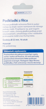 Tył opakowania filcowych podkładek ochronnych 22mm, 16 sztuk. Biało-niebieska etykieta z opisem i kodem kreskowym.