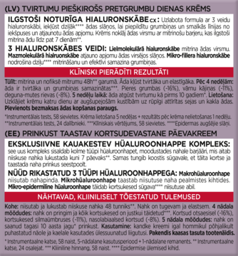 Opakowanie kremu przeciwzmarszczkowego z trzema rodzajami kwasu hialuronowego, teksty po łotewsku i estońsku.