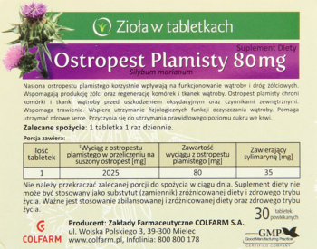 Tył opakowania suplementu Ostropest Plamisty 80mg COLFARM w zielono-fioletowym kartoniku z tabelą składu.