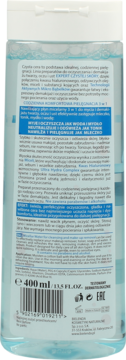 Tył butelki płynu micelarnego 400ml, z polskimi instrukcjami, kodem kreskowym i listą składników.