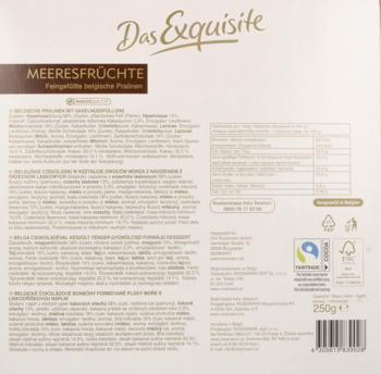 Tył opakowania belgijskich czekoladek Das Exquisite Meeresfrüchte 250g, z listą składników i kodem kreskowym.