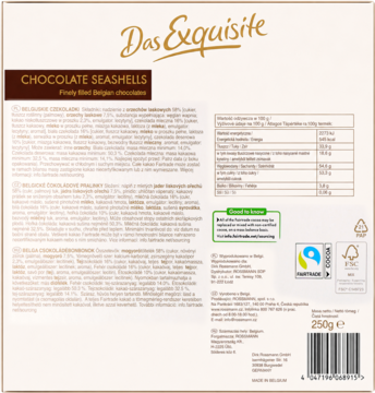 Tył opakowania czekoladek Das Exquisite Chocolate Seashells 250g, belgijskie pralinki z orzechami, widok na składniki.