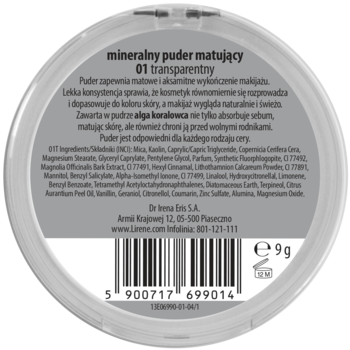 Tył okrągłego opakowania mineralnego pudru matującego Lirene 01 transparentny, z listą składników i kodem EAN.