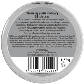 Szara puderniczka Lirene mineralny puder matujący 02 naturalny, widok z góry na tył z opisem, składem i kodem.