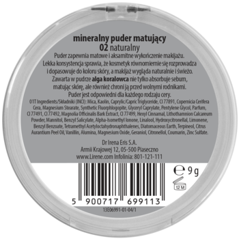 Tył okrągłego pudru mineralnego Lirene City Matt 02 naturalny, widoczna pełna etykieta ze składnikami i wagą 9g.