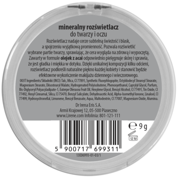 Tył okrągłego opakowania mineralnego rozświetlacza Lirene Shiny Touch 9g, z tekstem i kodem kreskowym.