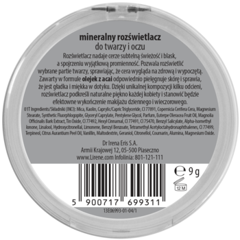 Tył opakowania mineralnego rozświetlacza Lirene, okrągły, srebrny, z opisem i kodem kreskowym, 9 g.