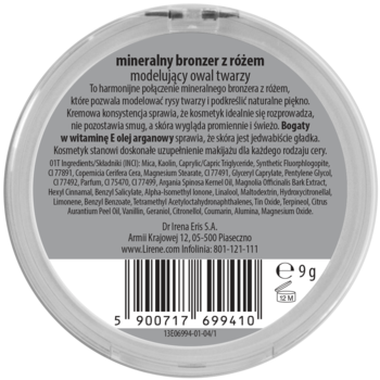 Tył srebrnego, okrągłego kompaktu Lirene Shiny Touch mineralny bronzer z różem. Widoczne składniki, barcode, 9g.