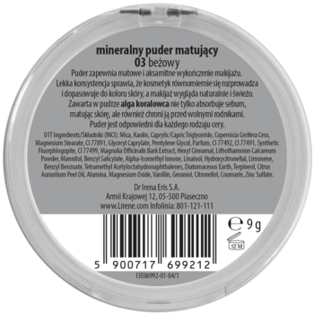 Tył okrągłego opakowania Lirene mineralny puder matujący 03 beżowy, z algą koralowca, lista składników i kod kreskowy.