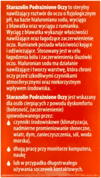 Pomarańczowe opakowanie Starazolin Podrażnione Oczy z białym tekstem, szczegóły zastosowania i składu.